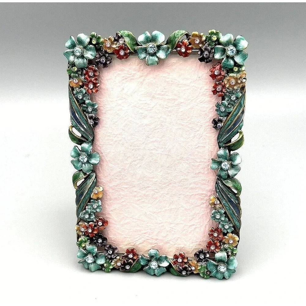 Vintage Metal Enamel Picture Frame Flowers Victorian Art Noveau Romantic